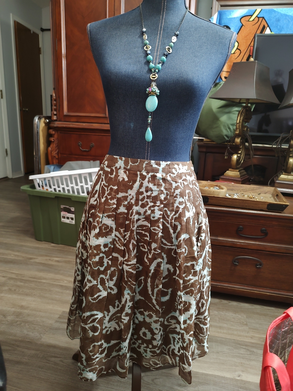 Worthington Petite 6P Linen Silk Pleated Midi Skirt Brown Blue